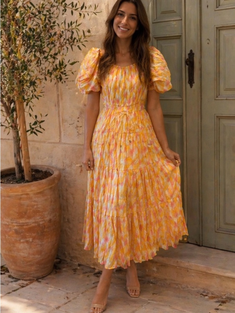 Sunlit Yellow Floral Puff-Sleeve Maxi Dress